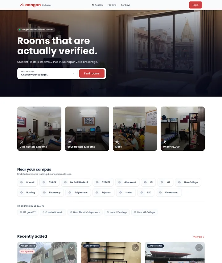 Home page of Aangan Hostels and PG (aanganpg.com), screenshot of the live site